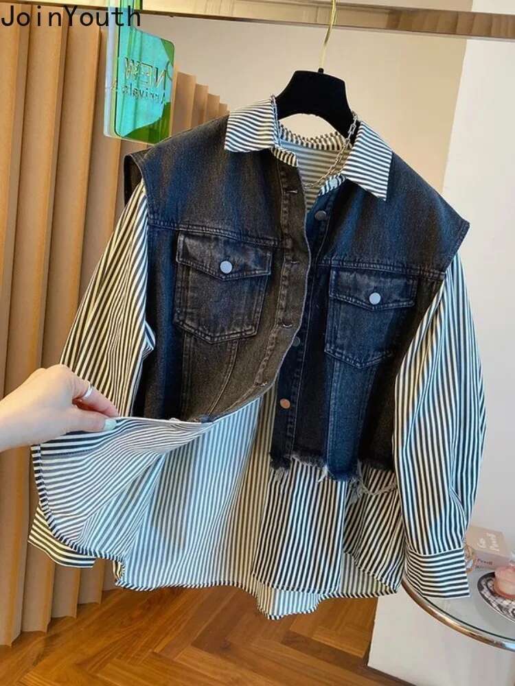 Blouse Womens Clothing Vintage Denim Patchwork Fake Two Shirts 2025 Blusas Mujer De Moda Casual Striped Y2k Oversized Tops