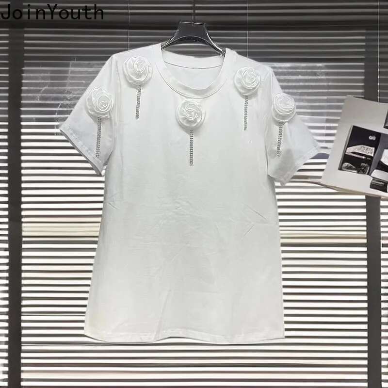 Women Clothing White T Shirt O-neck Short Sleeve O-neck Tees Chic Summer Camisetas 2025 Ropa Mujer 3D Floral Casual T-shirt Tops