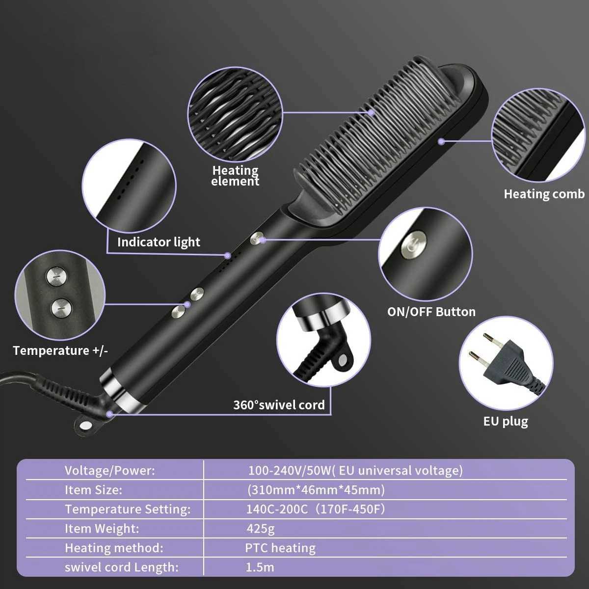 Hair Straightener Brush Hot Comb Ionic Straightening Brush with Anti Scald Fast Ceramic Heating Portable Hot Straightening CombXJ250621