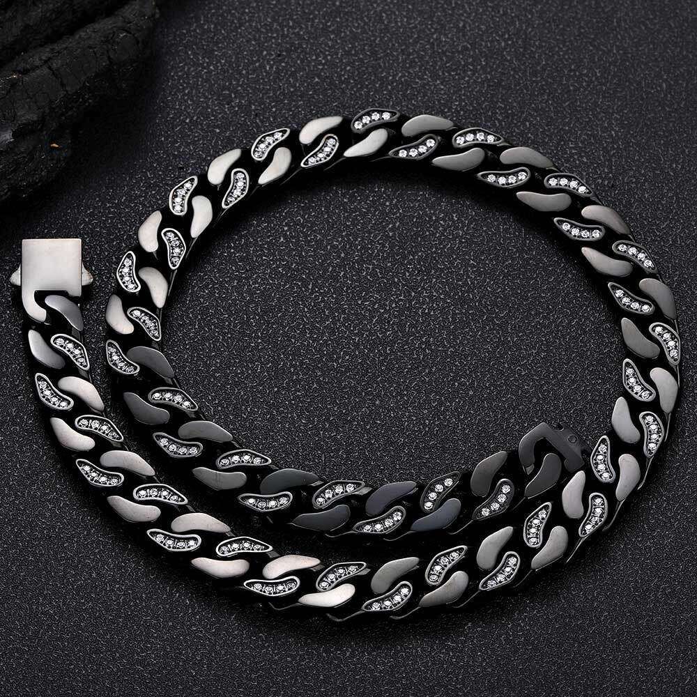 Hip Hop 12mm Stainless CNC Semi-Inlaid Dia Zirconia Four-Sided Polished Cuban Chain Titanium Steel Necklace 6c2c