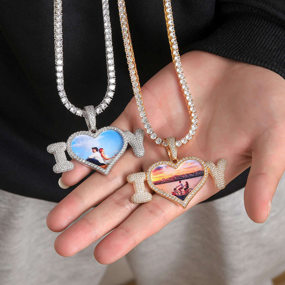Hip Hop Personality DIY Bubble Letter Splicing Heart Pendant Micro Paved Zircon Photo Frame Men's Necklace 0211