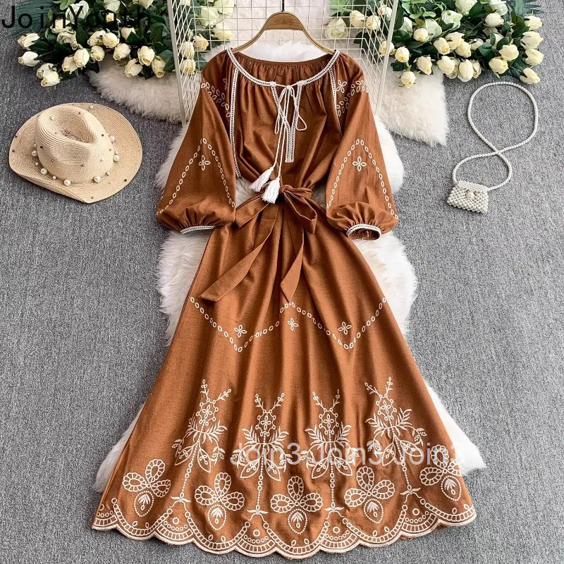 Vintage Dresses Womens Clothing 2025 Vestidos De Mujer O-neck Bandage Lantern Sleeve Robe Femme Chic Embroidery Summer Dress