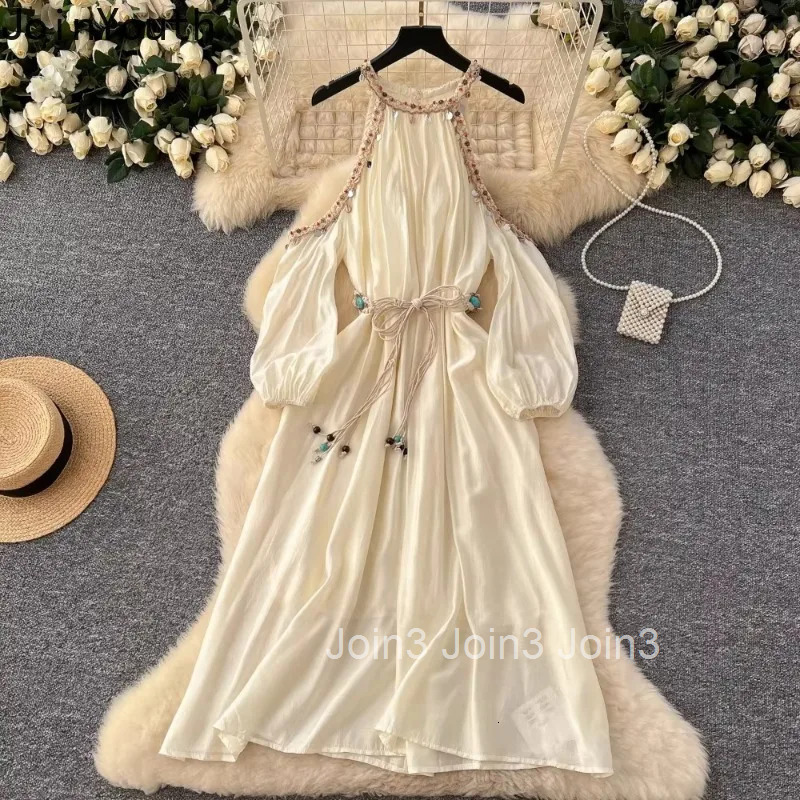2025 Vestidos De Mujer Holidays Dress Moda Sexy Hollow Out Halter Lantern Slim Waist Mujer Off Shoulder Lace Up Big Swing Robe