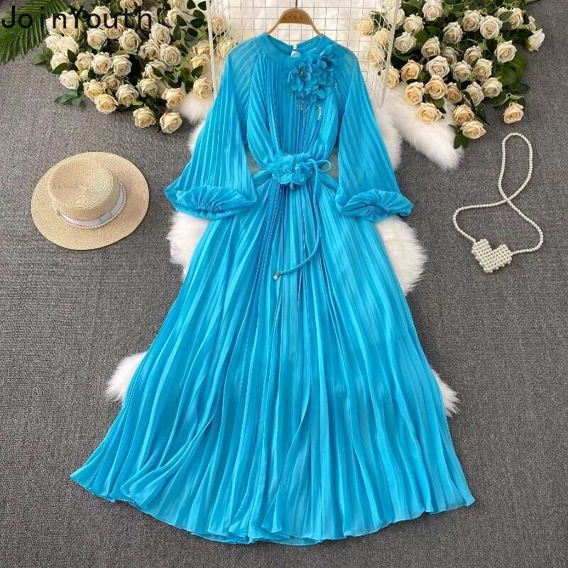 Elegant Summer Dress Lantern Sleeve O-neck Beading 3D Floral Robe Femme 2025 Vestidos De Mujer Solid Color Pleated Maxi Dresses