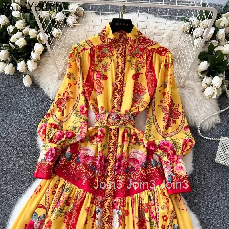Korean Woman Dress Floral Lantern Sleeve High Waist Robe Femme 2025 Vestidos De Mujer Belt Big Swing Summer Vintage Maxi Dresses