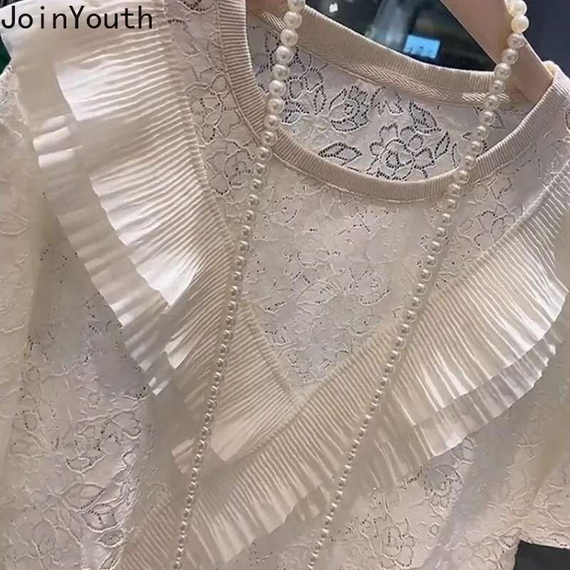 Oversized Tshirts for Women Patchwork Lace Summer Tees Fashion Casual Korean Tees Hollow Out Ruffles T-shirt 2025 Ropa Mujer