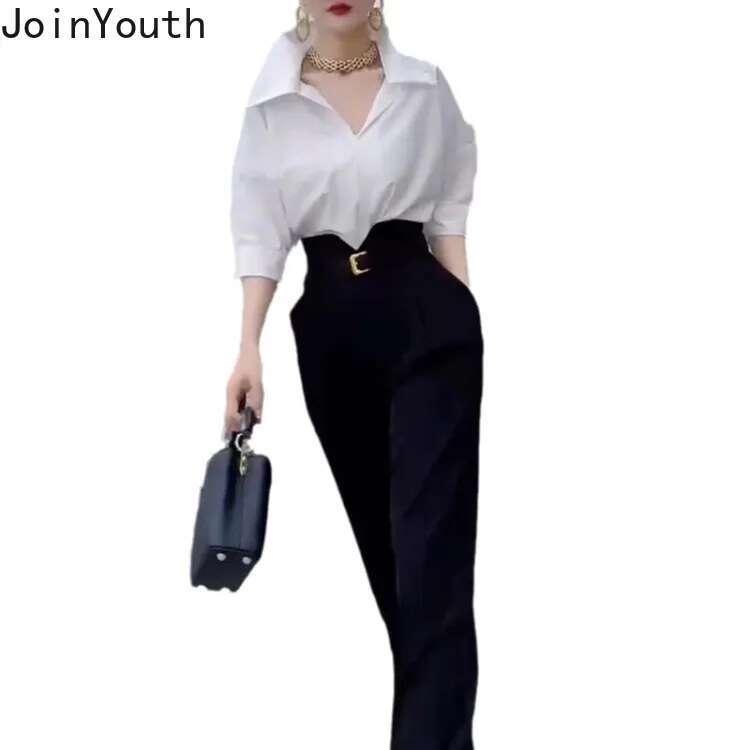 Korean 2 Piece Sets Womens Outfits Fashion White Blouses High Waist Straight Wide Leg Pants Suit Vintage Summer Temperament Set