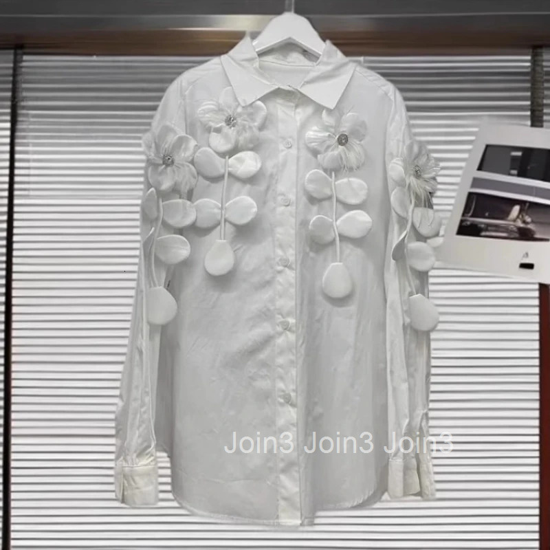 2025 Women Clothing White Long Sleeve Blouses Fashion 3D Floral Loose Shirts Camisas De Mujer Casual Sweet Korean Blouse Tops