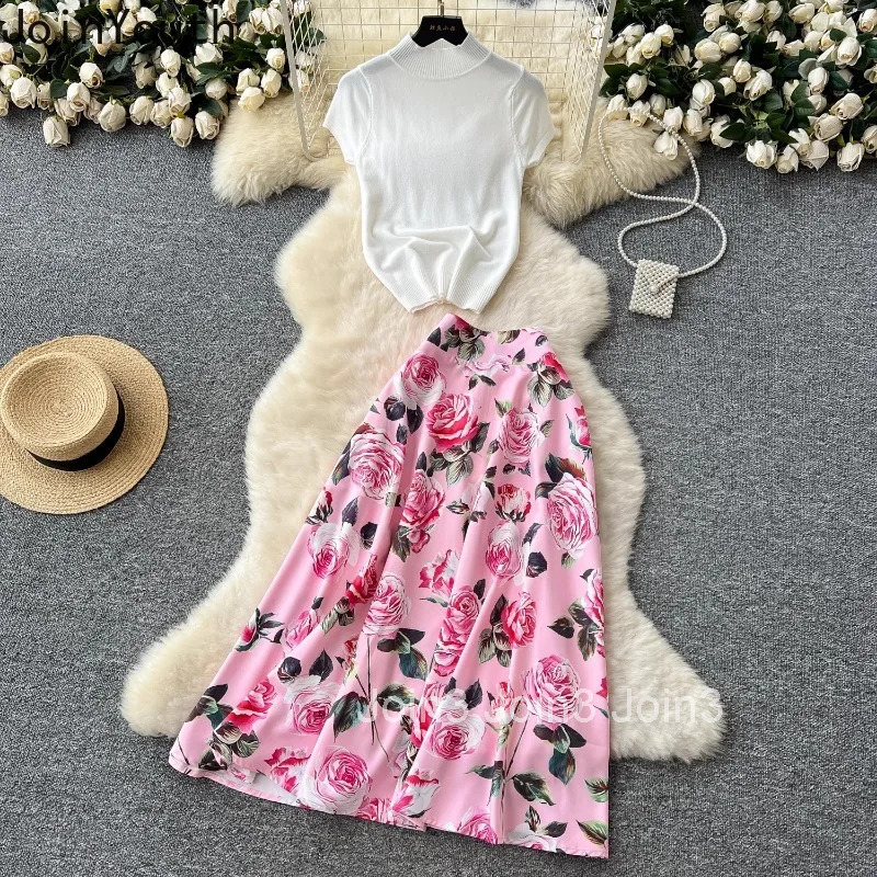 Sweet Women Clothes Skirt Outfits 2 Piece Sets Knitted Short Sleeve Tops High Waist A-line Floral Skirts Suit Fashion Summer Set