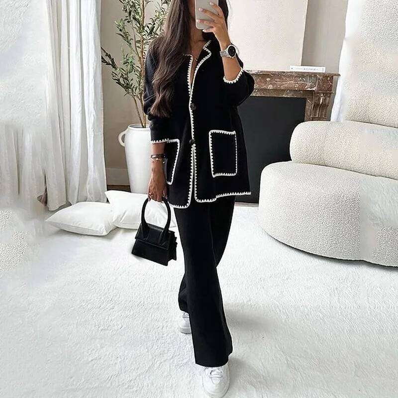 Designer Leisure High Quality Women Autumn Winter Solid Two-piece Sets Fashion O Neck Double Pocket Buttons Tops Casual Straight Pants New Female Suit