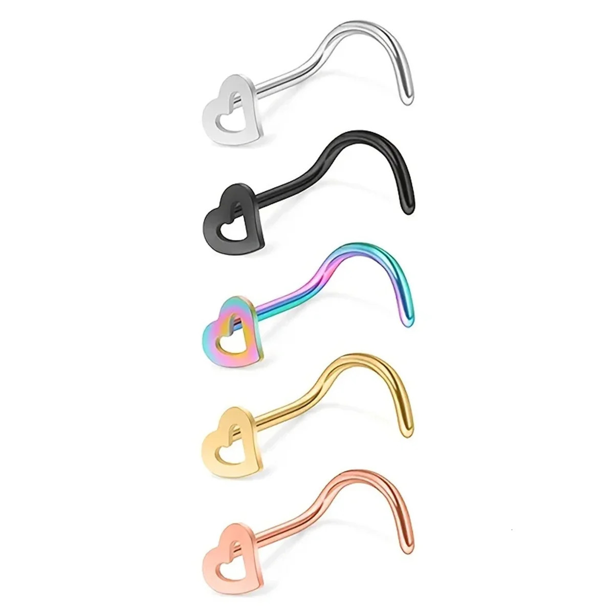5pcs Fashion Hollow Heart Stainless Steel Nose Stud Set for WomenNostril Piercing Nariz Pin Screw Body Jewelry 250613