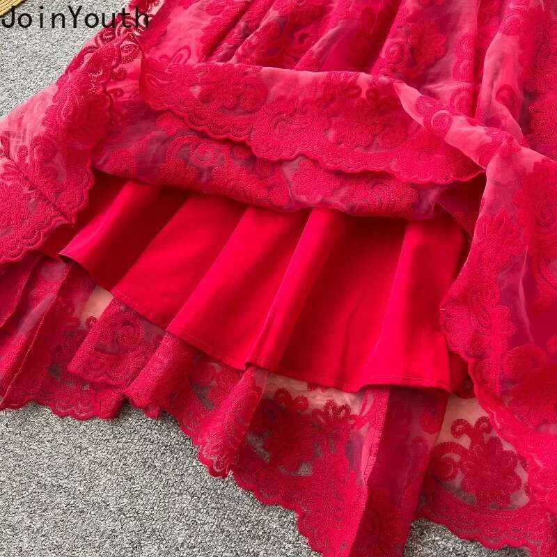2025 Vestidos De Mujer Maxi Dresses Women Lantern Sleeve Stand Neck Temperament Robe Femme Lace Gauze Embroidery Elegant Dress