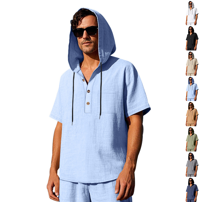 Men's linen shirt, casual short-sleeved simple pullover loose men's hooded Henry short-sleeved T-shirt S-3XL (European Size)