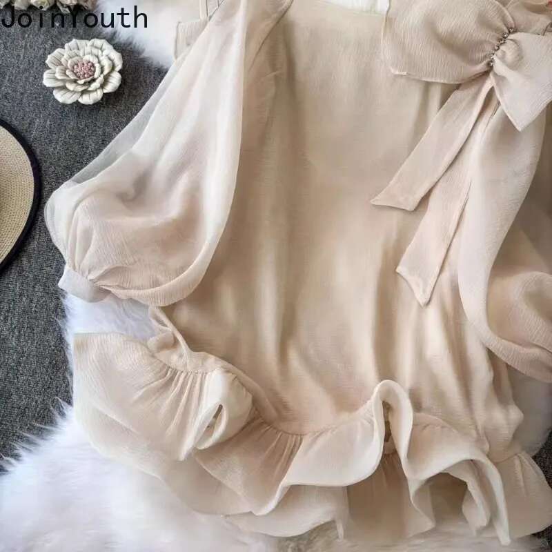 2025 Women Clothes Chic Blouses Camisas De Mujer Slash Neck Diamond Bow Puff Sleeve Shirts Solid Color Ruffles Summer Blouse Top