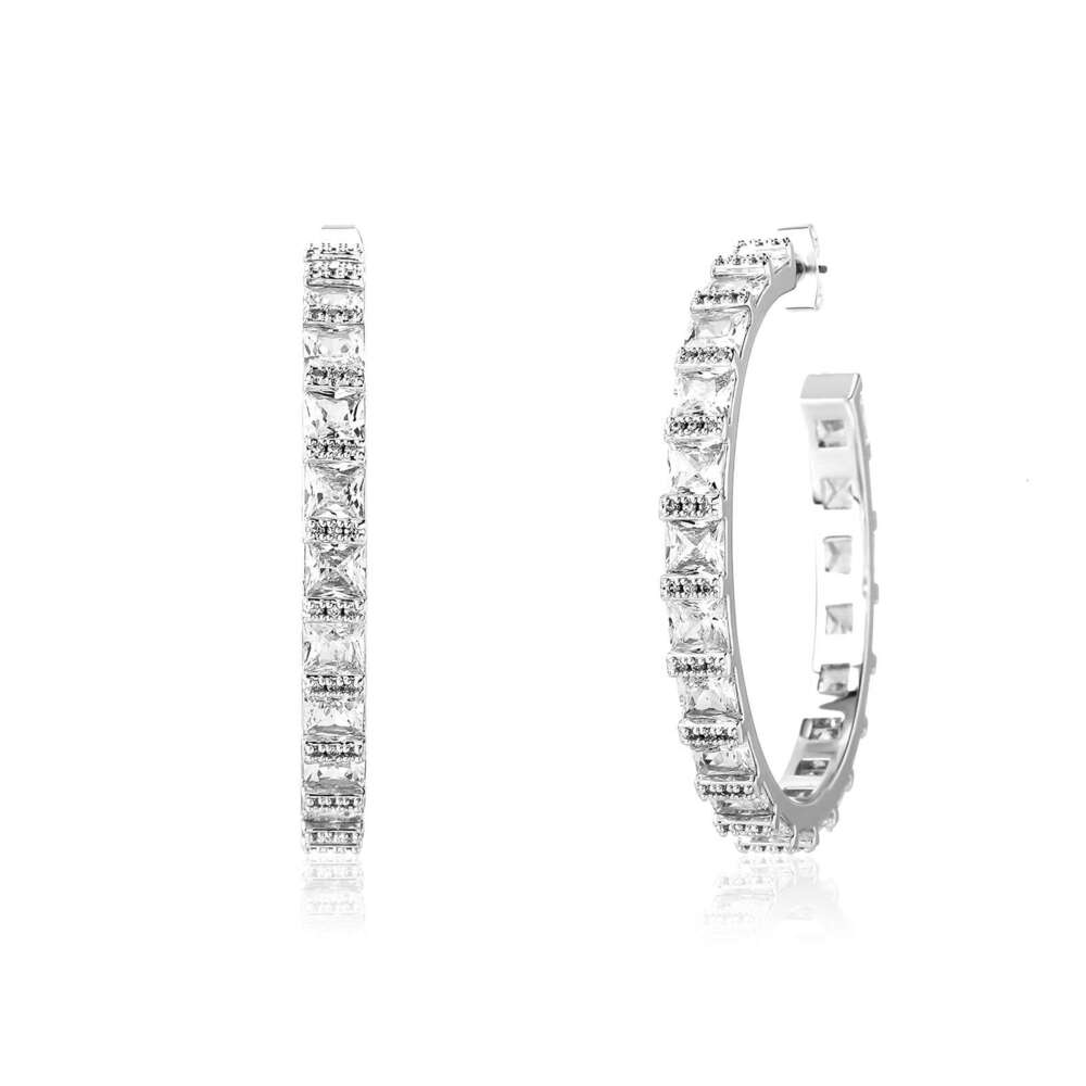 Star Style C-Shaped Simple Super Shiny Square Dia Elegant Trendy Hoop Fashion Socialite Gold Australian Earrings