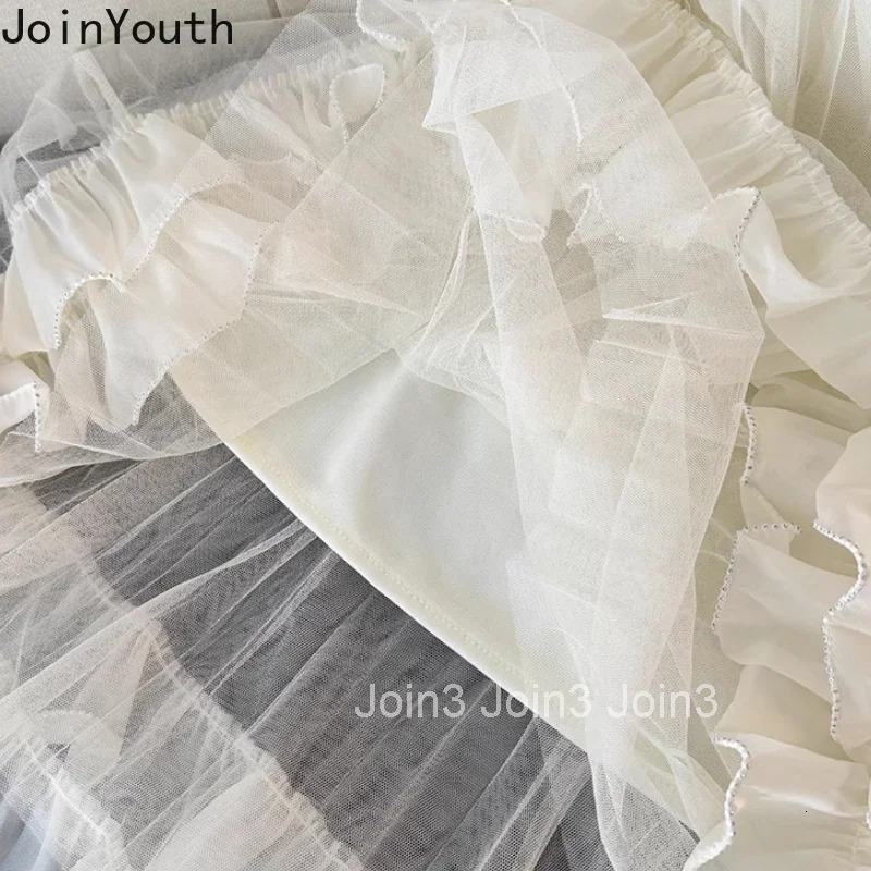2025 Faldas Mujer De Moda Sweet Skirts Womens Clothing High Waist A-line Jupe Fashion Korean Saia Gauze Ruffles Pleated Skirt