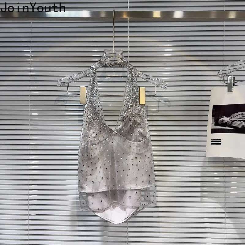 Harajuku Tanks Crop Top Womens Clothing Sexy Korean Tees Backless Gauze Diamond Camis 2025 Ropa Mujer Chic Summer Y2k Vest