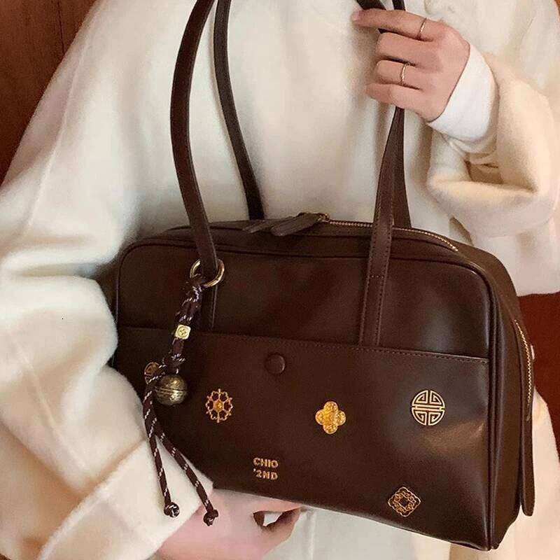 Designer PU Leather Women's Shoulder Bag Retro Metal Flower Purses And Pillow Boston Bowling Handbag
