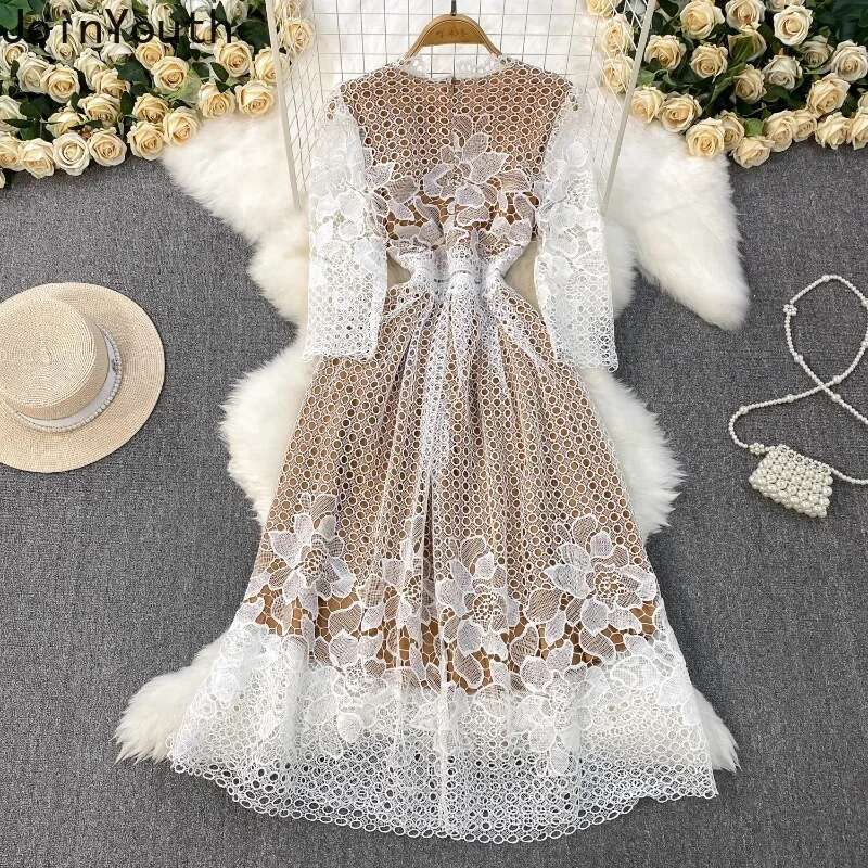 Womens Clothing Elegant Dresses Lace Patchwork O-neck Robe Femme Slim Waist Vintage Hollow Out Dress 2025 Vestidos De Mujer