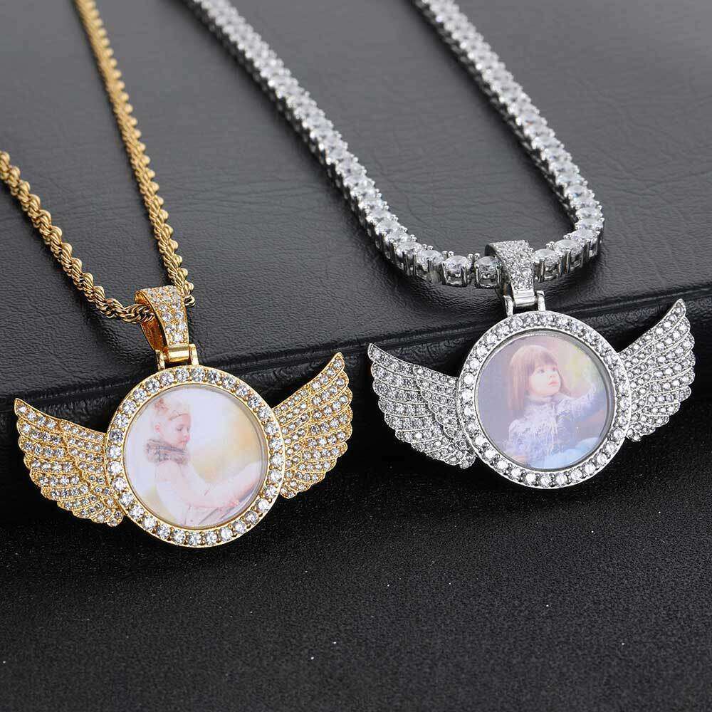 Hip Hop Memory Small Round Photo Angel Wings Frame Pendant Micro Paved Zircon Men's Necklace 675e