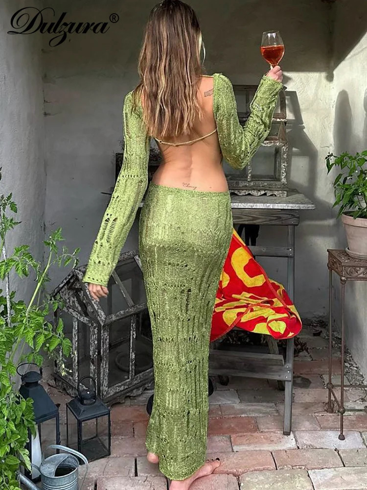 Dulzura Knitted Crochet O-Neck Solid Cut Out Backless Long Sleeve Maxi Dress Hook Flower Hollow Summer Women Sexy Y2K 250617