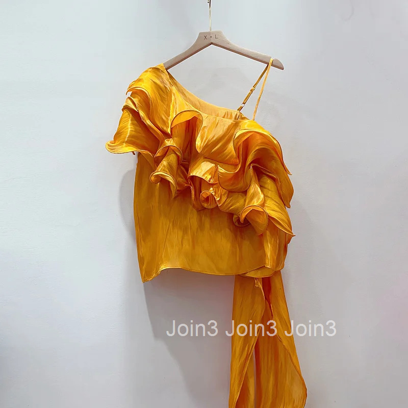 Sexy Camisas De Mujer Summer Blouse 2025 Women Clothing Sleeveless Off Shoulder Shirts Crop Tops Chic Irregular Ruffles Blouses