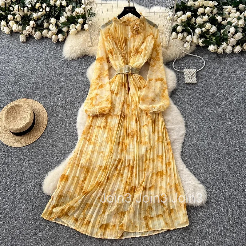 Dress for Women 2025 Vestidos De Mujer Bandage Slim Waist A-line Floral Robe Femme 3D Floral Chiffon Summer Pleated Maxi Dresses