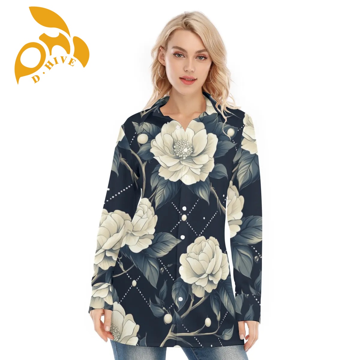 Free shipping Customer customization All-Over Print Women's Long Shirt Design fashion Show off one's figure sexy Breathable comfortable Ligh