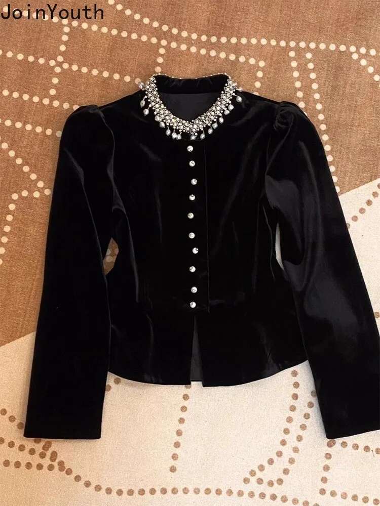 Blouses for Women Black Heavy Beading O-neck Puff Sleeve Shirts 2025 Blusas Mujer De Moda Slim Fit Velvet Vintage Blouse Tops
