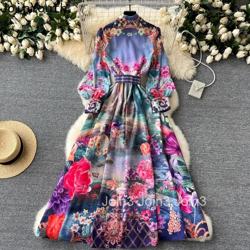 Vintage Dresses Women 2025 Vestidos De Mujer Stand Neck Lantern Sleeve Floral Tunic Robe Femme Single Breasted Summer Maxi Dress