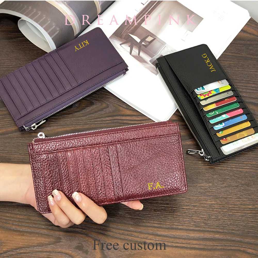 Large Capacity Long Zipper Card Holder Custom Letters Genuine Leather Men Wallet Business Women Phone Clutch Purse Z250621