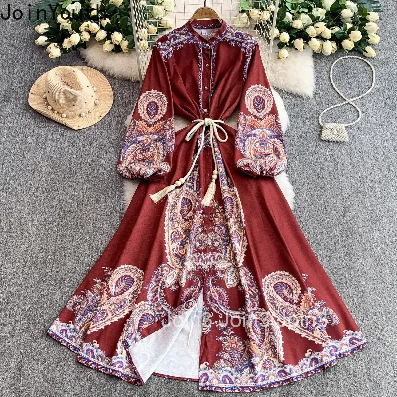 Vintage Womens Dress Stand Neck Lantern Sleeve Slim Waist Floral Robe Femme 2025 Vestidos De Mujer Chic Summer Maxi Dresses