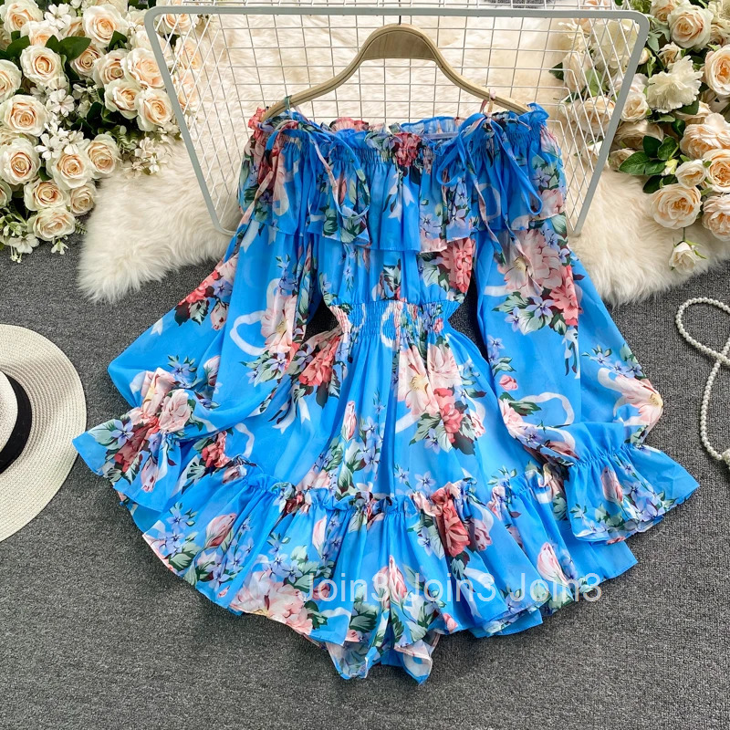 Women Jumpsuit Floral Summer Rompers Slash Neck Bandage Ruffles Wide Leg Pants Playsuit Fashion Off Shoulder Chiffon Jump Suit