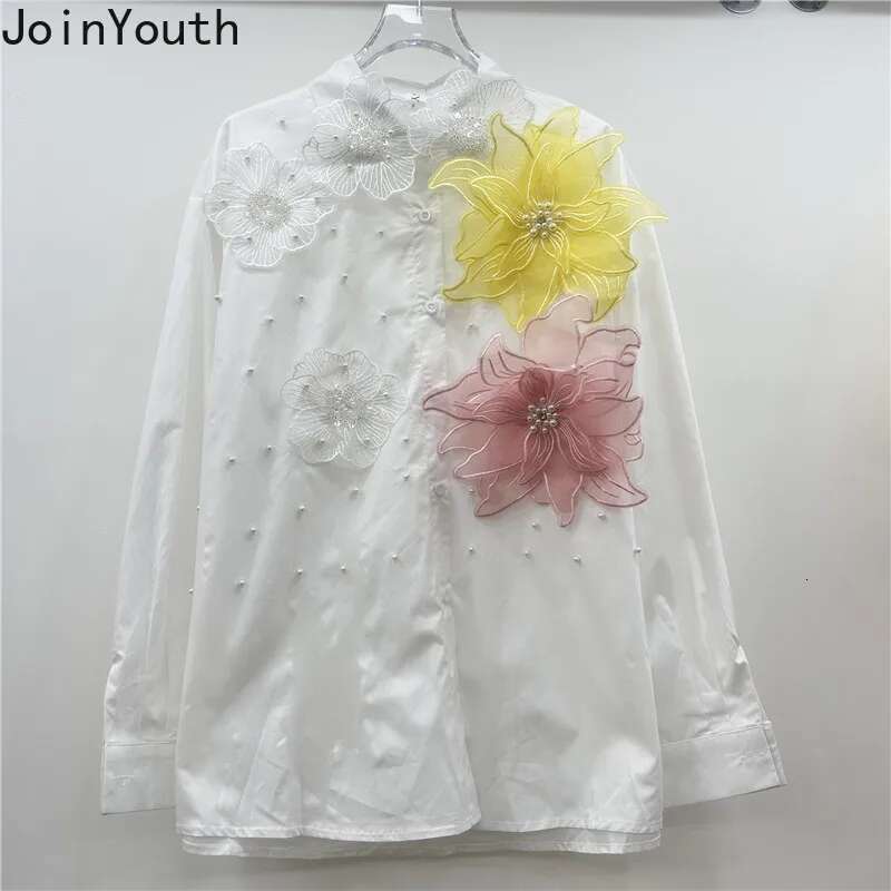 Korean Blouse Womens Clothing Heavy Beding 3D Floral Long Sleeve Shirts Sweet Loose White Blouse Tops 2025 Camisas De Mujer