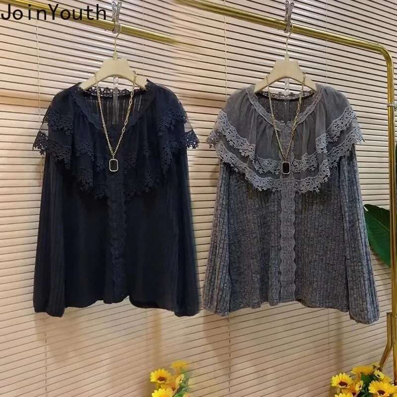 Oversized T Shirt Womens Clothing O-neck Patchwork Lace Long Sleeve Casual Tees Fashion Korean Camisetas Casual Tshirts Tops