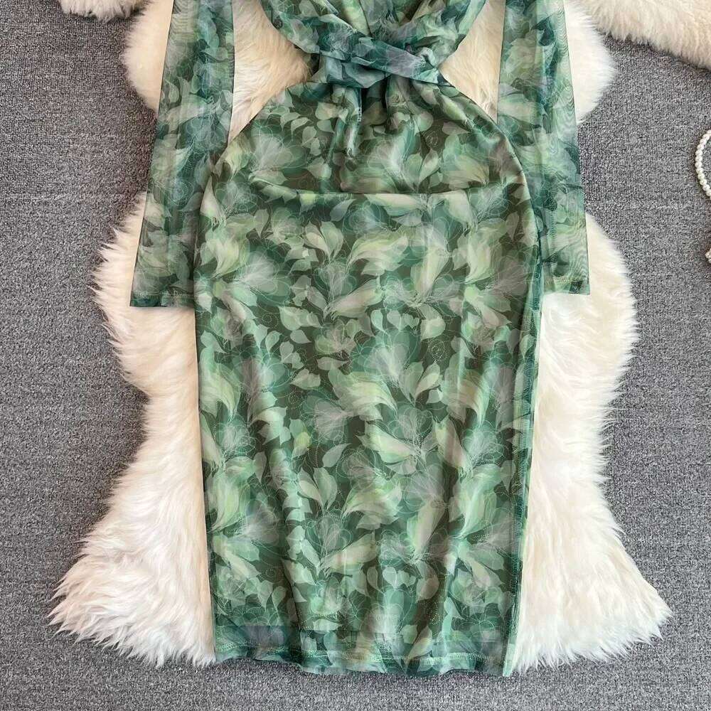 Chic Elegant Floral Print Mesh Criss-Cross Sexy French Vestidos Long Sleeve High Waist Women Spring Autumn Pencil Dress