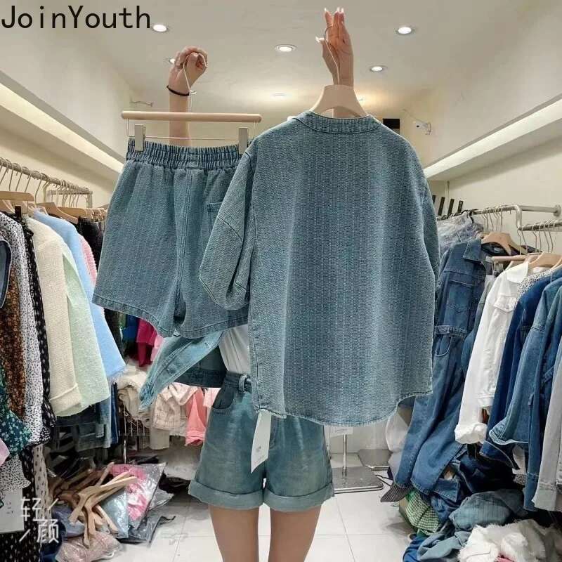 Streetwear Fashion 2 Piece Sets Women Clothing Denim Outfits Oversized Blouses High Waist Wide Leg Pants Suit Vintage Casual Set