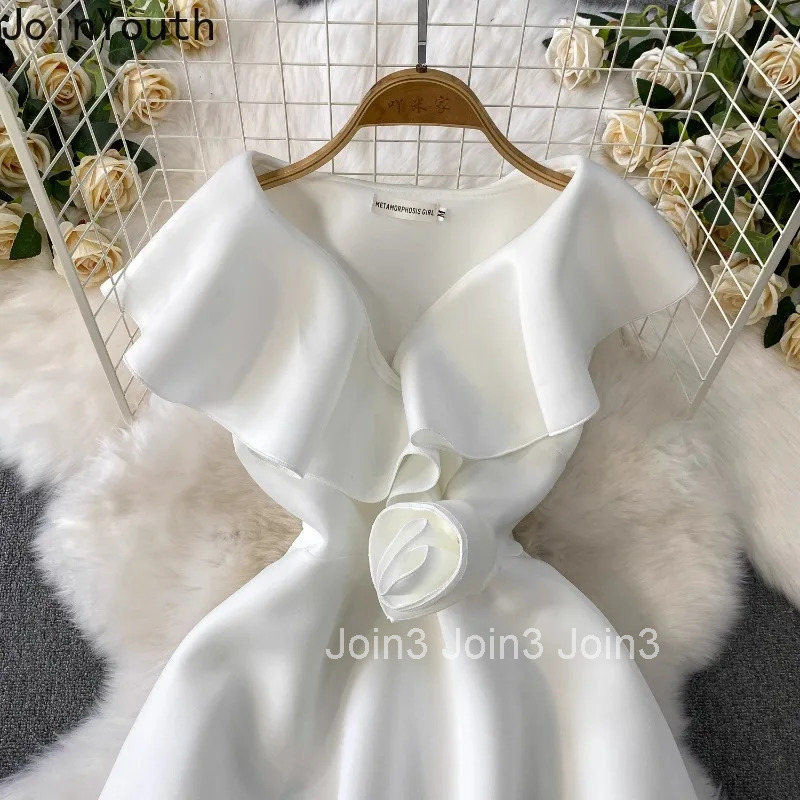 Party Dress Womens Clothing V-neck Slim Waist 3D Floral Robe Femme 2025 Vestidos De Mujer Temperament Summer A-line Dresses
