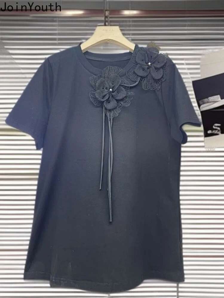 White Shirts for Women Summer T Shirts Heavy Diamond Floral Casual Tees Short Sleeve O-neck Camisetas Y2k Tops 2025 Ropa Mujer