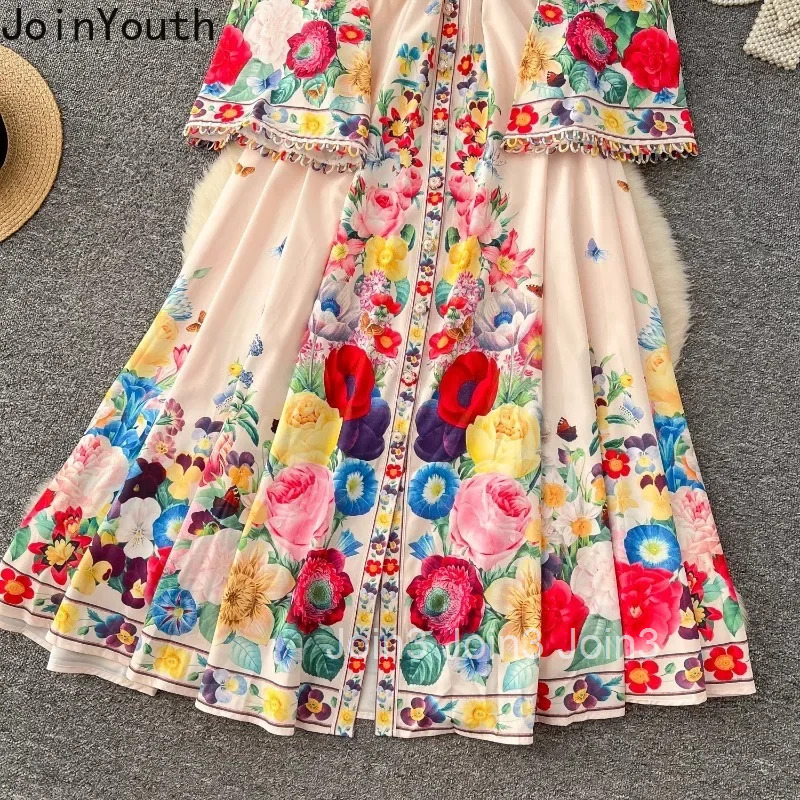 Vintage Floral Dresses for Women Flare Sleeve Slim Waist Single Breasted Robe Femme Vestidos De Mujer Elegant Summer Maxi Dress