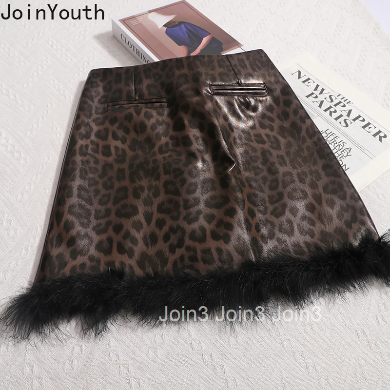 Fashion Leopard Print Skirts for Women Temperament Jupe 2025 Faldas Mujer De Moda Patchwork Furry Bodycon Mini Skirt Korean Saia