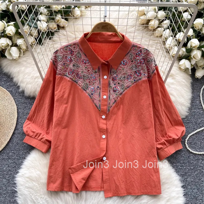 2025 Blusas Mujer De Moda Vintage Blouse Women Clothes Patchwork Sequin Embroidery Shirts Casual Long Sleeve Loose Blouses Tops