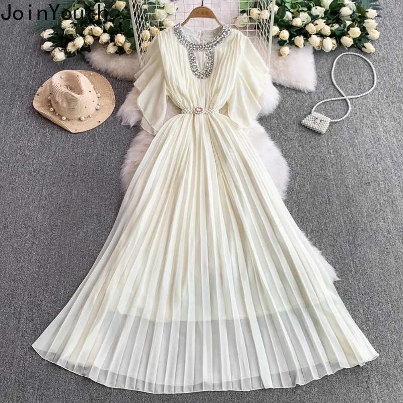 2025 Vestidos De Mujer Summer Dresses for Women Flying Sleeve Slim Waist Chic Robe Femme Heavy Diamond Hollow Out Pleated Dress