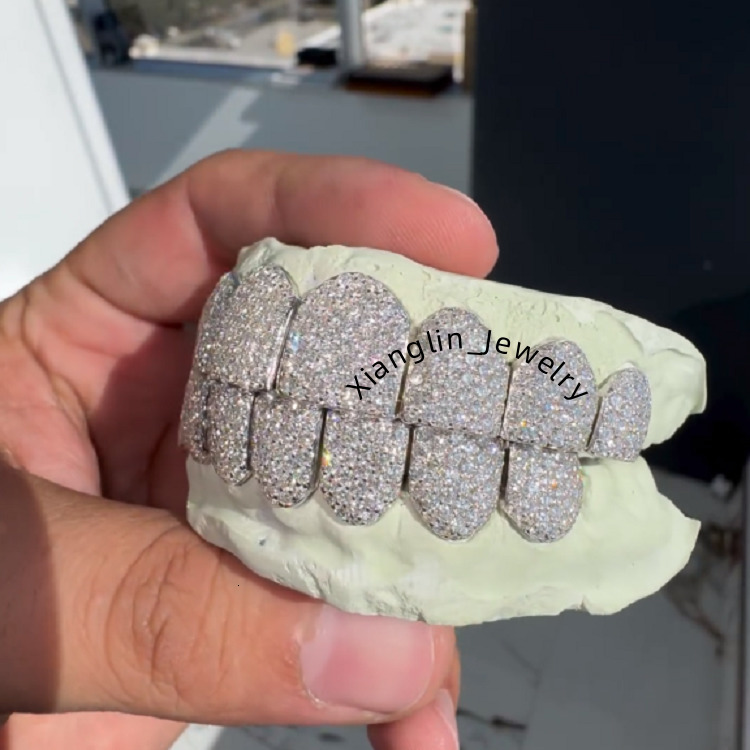Personalized Buss Down Big Stone Grillz 925 Sterling Silver 10 on 10 Fang Iced Out Vvs Moissanite Diamond Grillz for Men Teeth