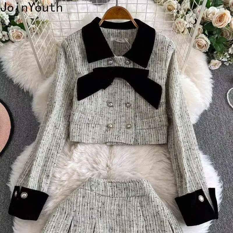 Skirt Outfits Vintage Womens Two Piece Sets Roupas Femme Double-breasted Bow Crop Coats High Waist Pleated Mini Skirts Suit