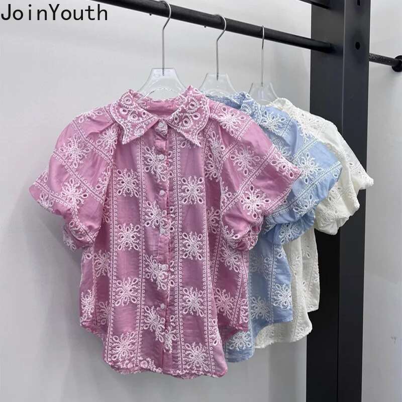 Summer Blouse 2025 Women Clothing Puff Sleeve Vintage Solid Color Shirts Camisas De Mujer Hollow Out Embroidery Blouses Tops
