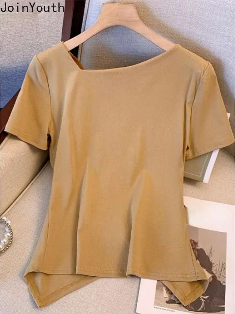 Cotton Woman Tshirts Short Sleeve Folds Tees Fashion Irregular Summer T Shirts 2025 Ropa Mujer Korean Temperament Tops Femme