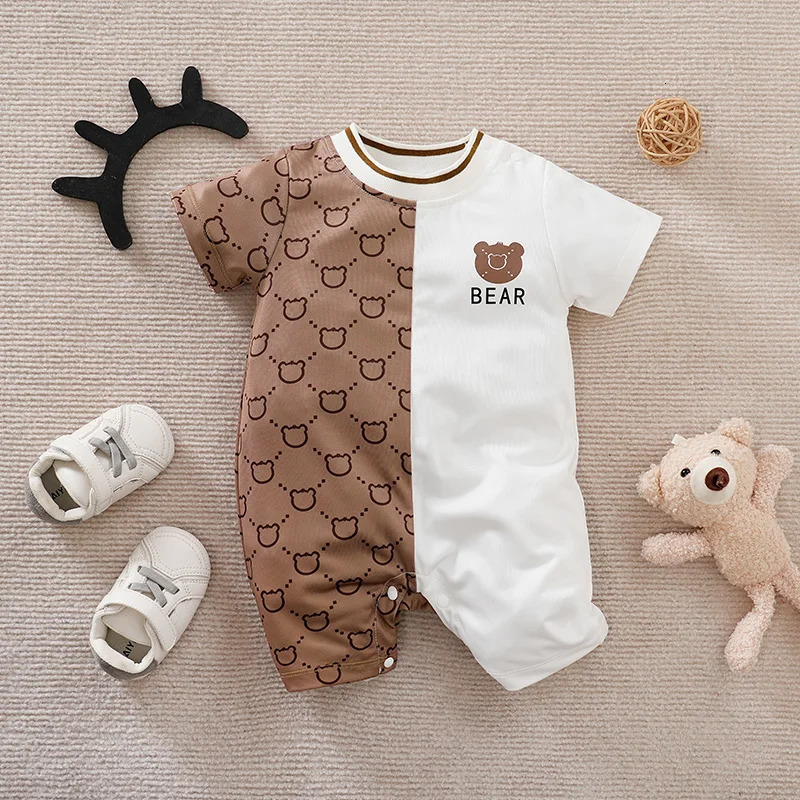 born Clothes Cute Cartoon Patchwork Teddy Bear Comfortable And Soft Summer Boys Girls 018 Short Sleeved Baby Jumpsuit 250619