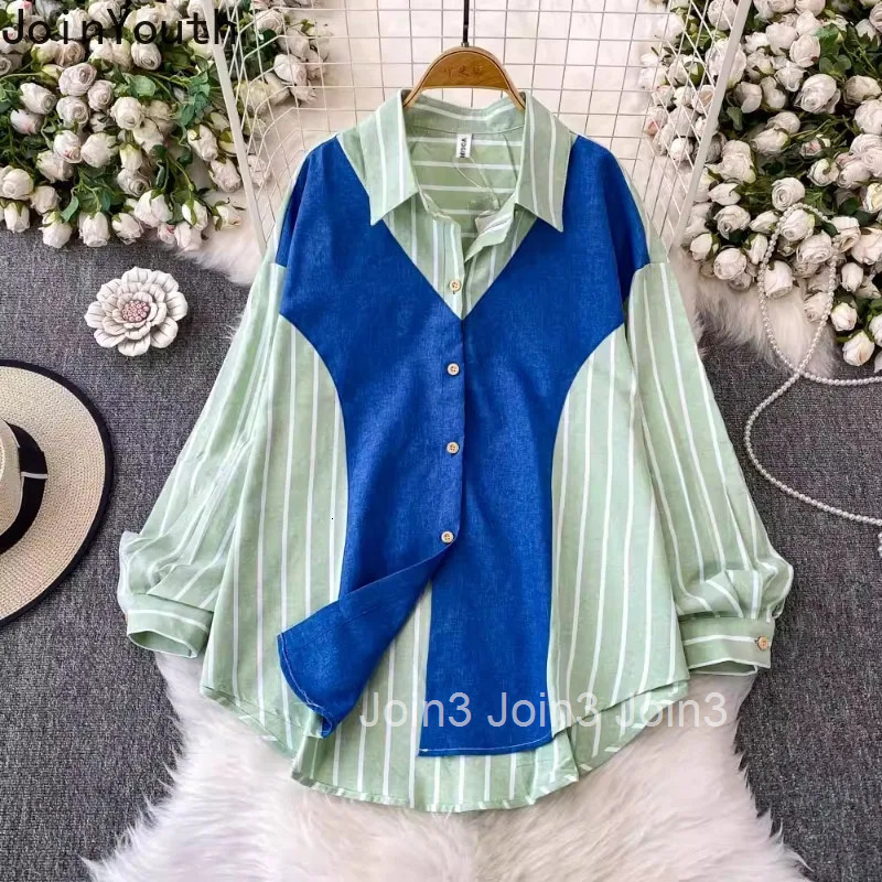 Korean Casual Shirts Women Clothing Patchwork Striped Long Sleeve Blouses Fashion Summer Loose Tops 2025 Blusas Mujer De Moda