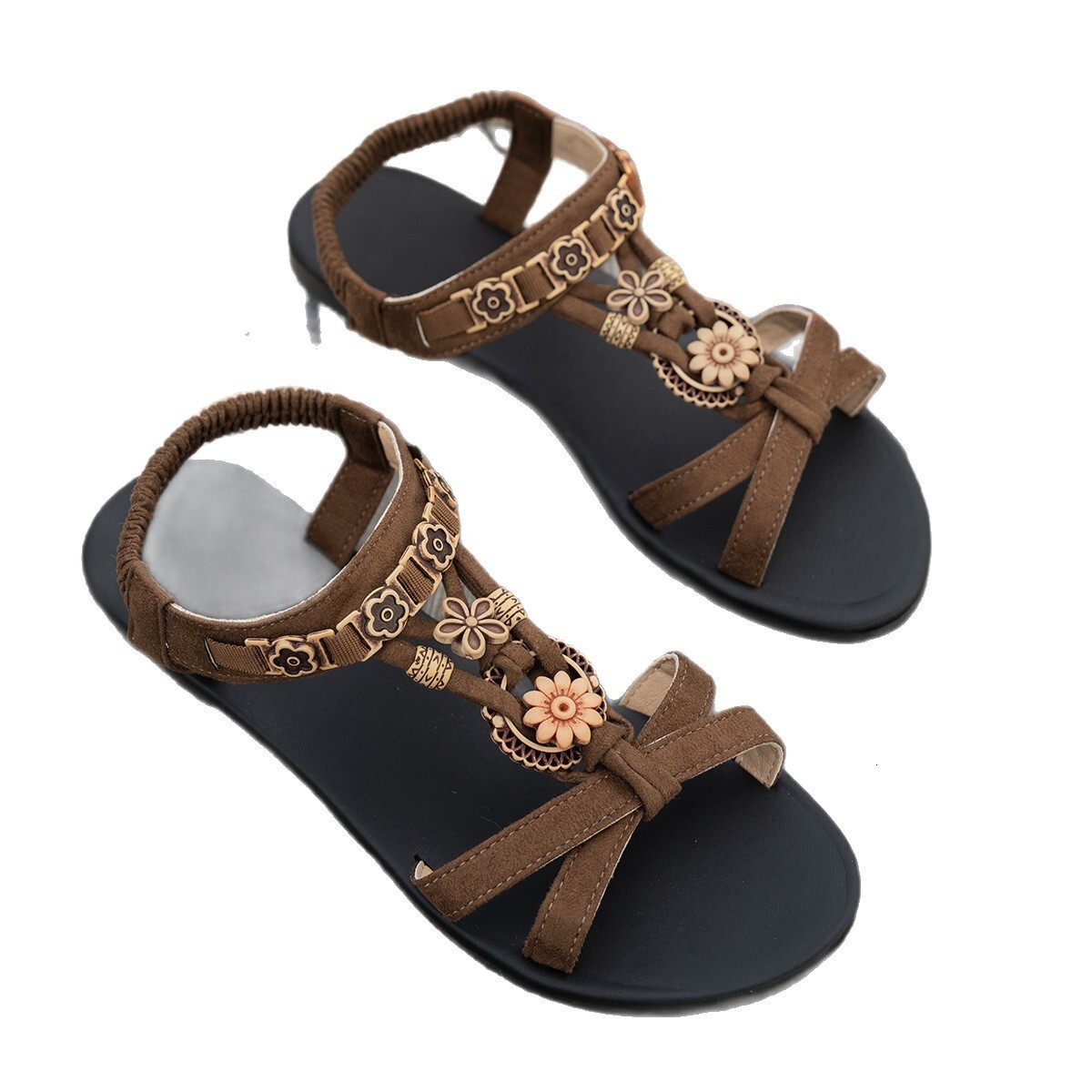 Luxury Brand Designer Shoes Sandals Cross-Border Flat Fashion Plus Size Sandals For Women 2025 Summer New Bohemian Casual Elastic Strap Beach Sandals